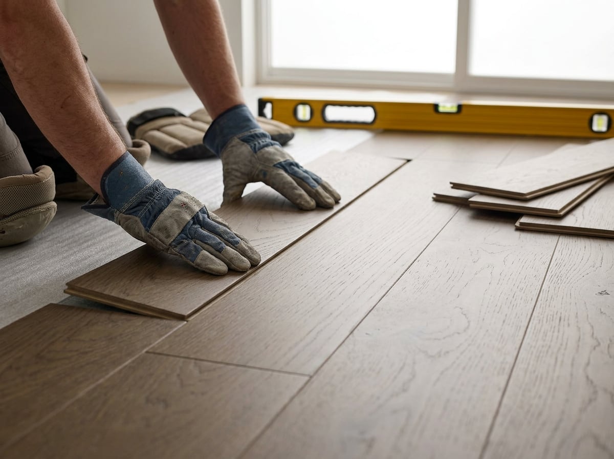 An installer clicking an engineered oak plank into place, level and mallet at hand