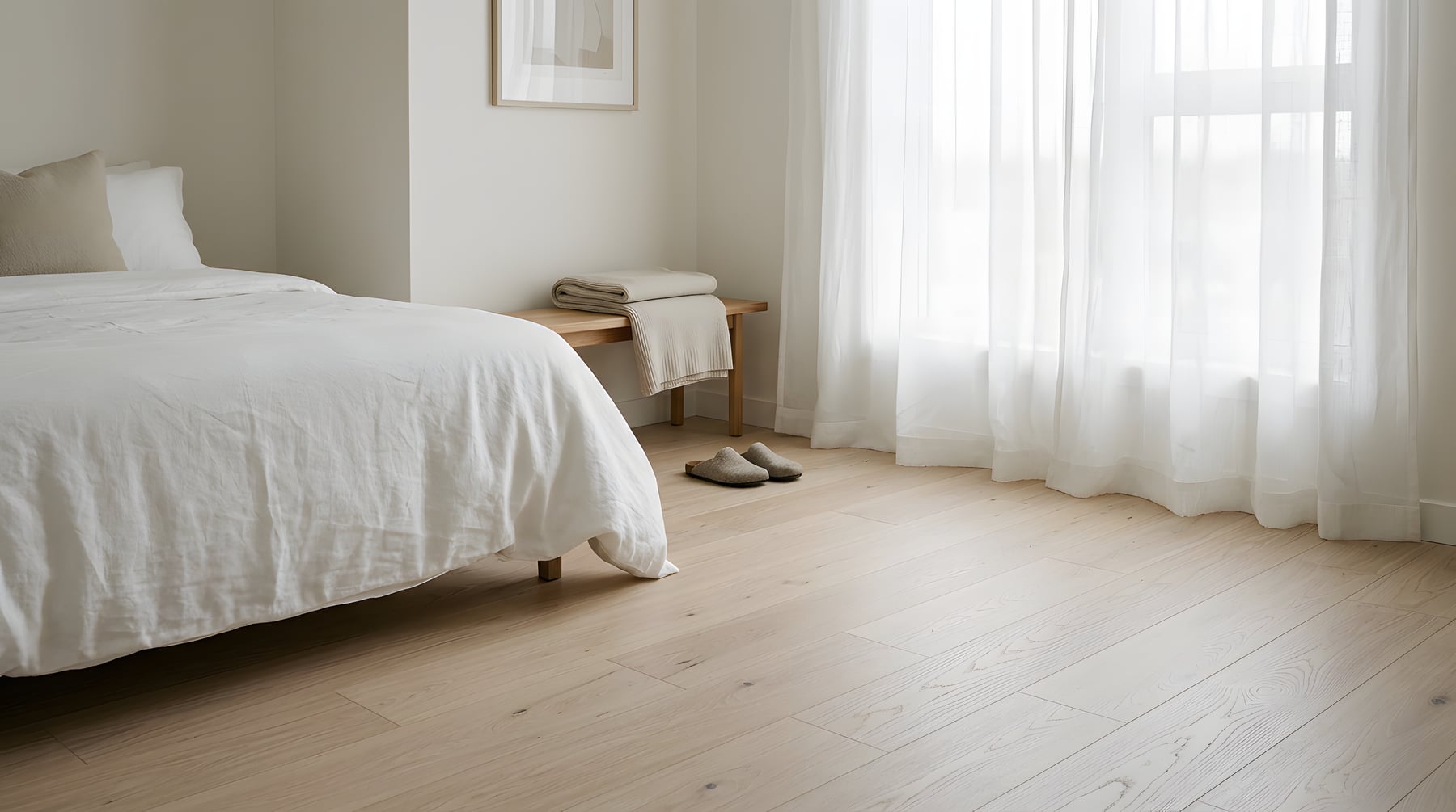 Calm condo bedroom with pale wide-plank flooring in soft morning light