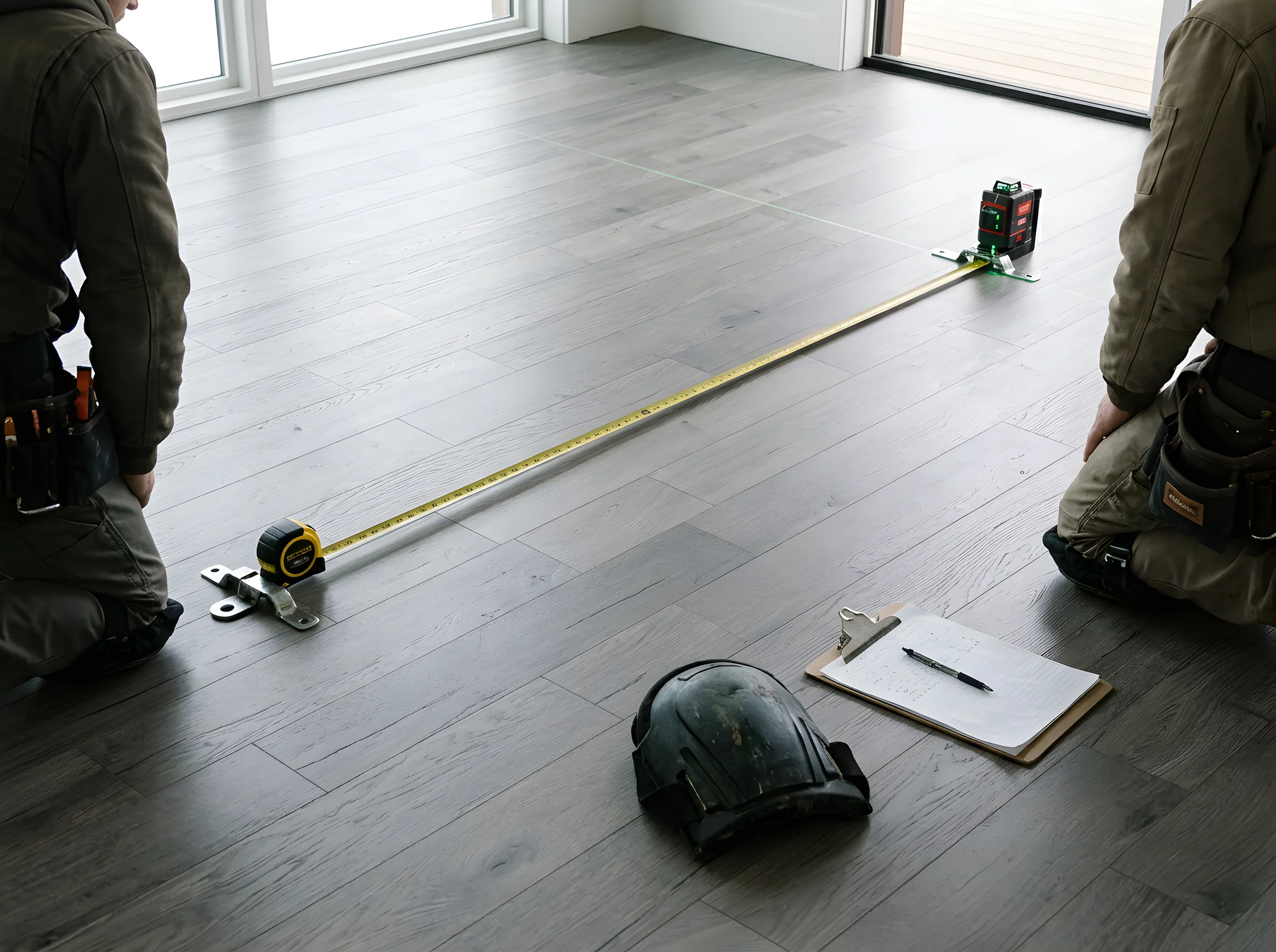 Two Floorrable installers measuring a room across freshly laid grey planks