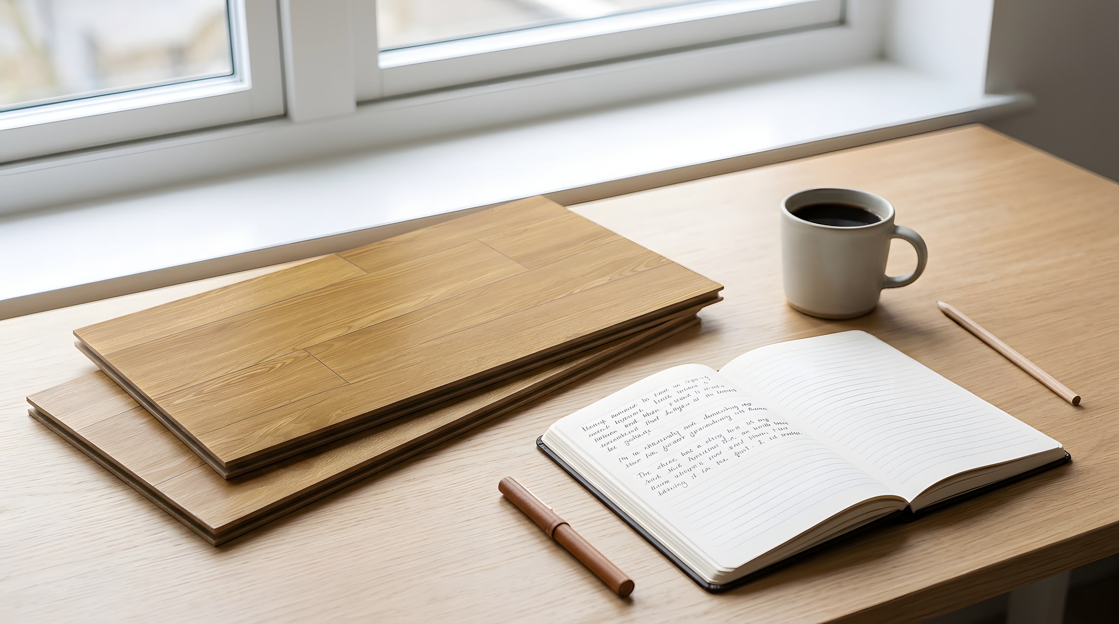 Flat-lay of plank samples, colour fan and coffee on a drafting table