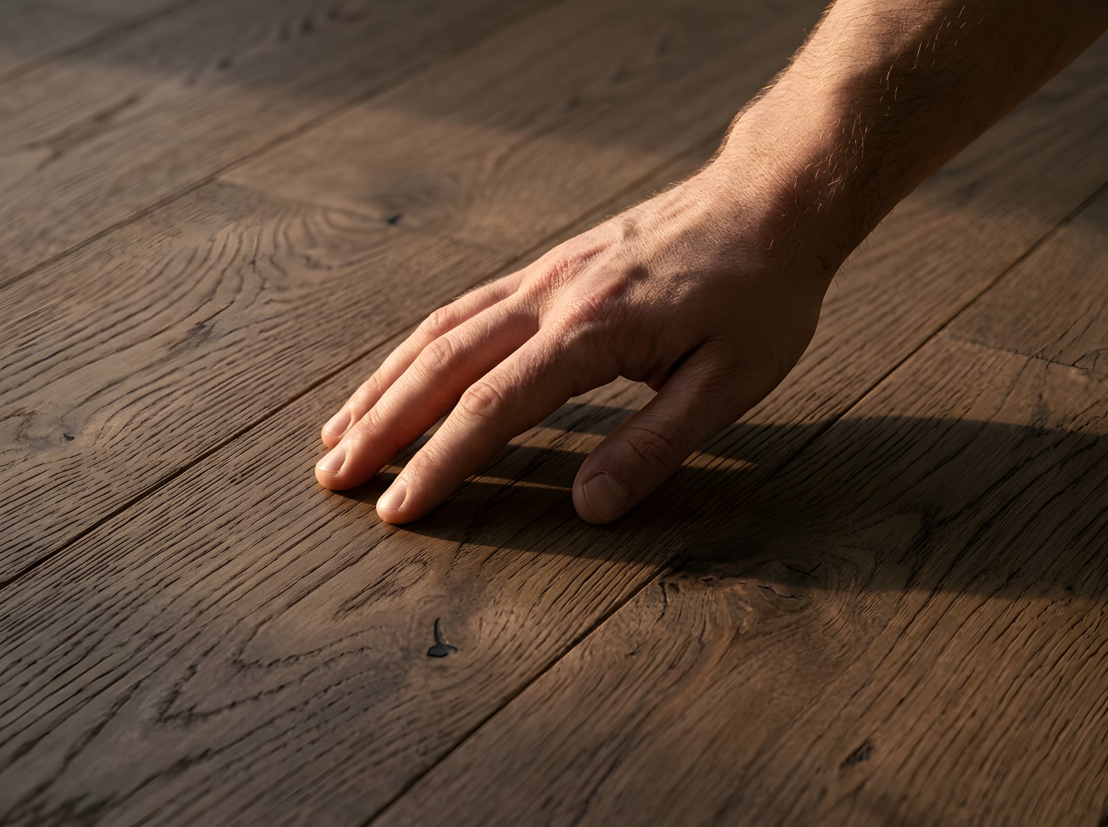 A hand running across engineered oak grain in warm side-light