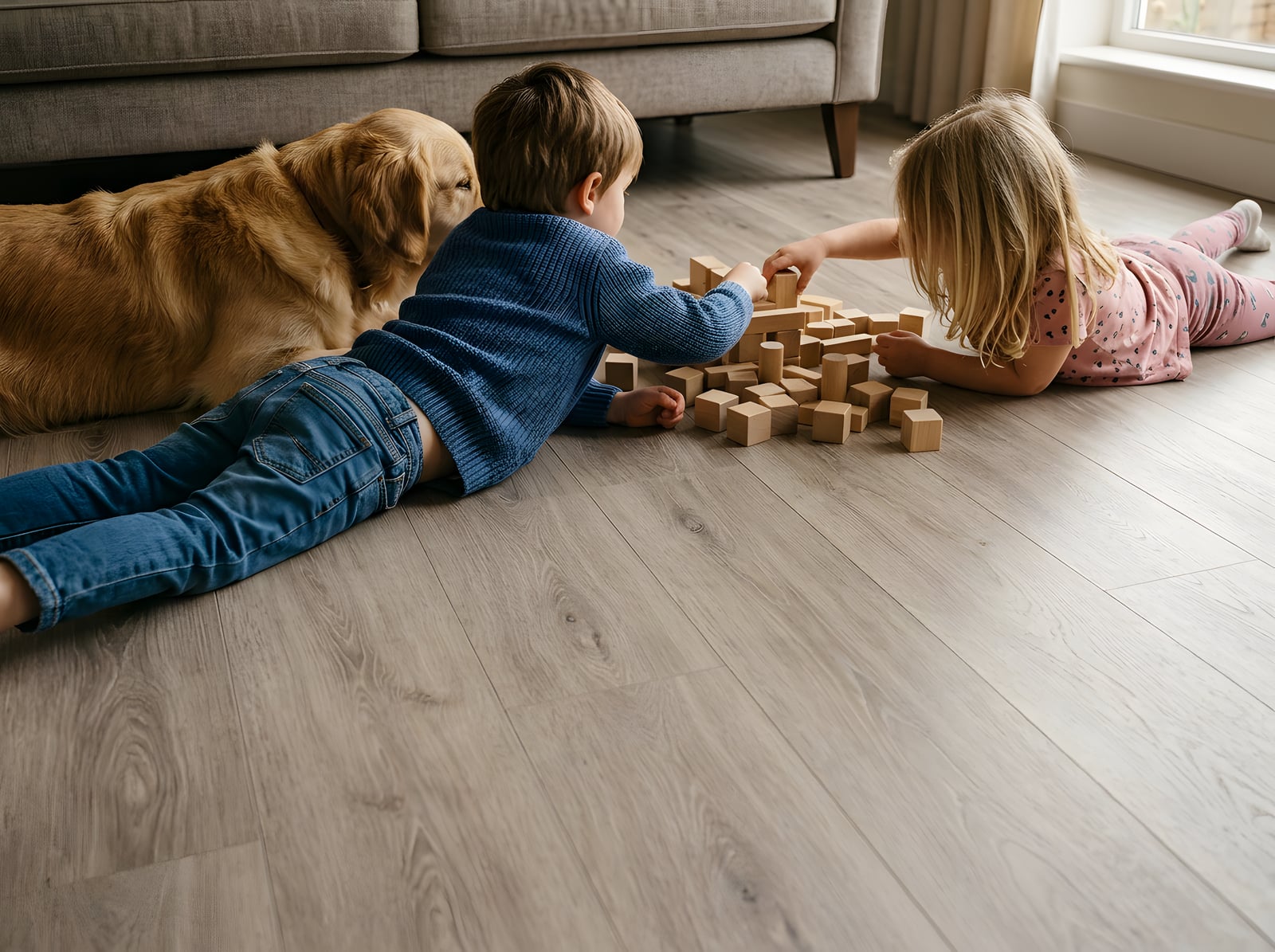 Kids and a golden retriever playing on durable laminate flooring