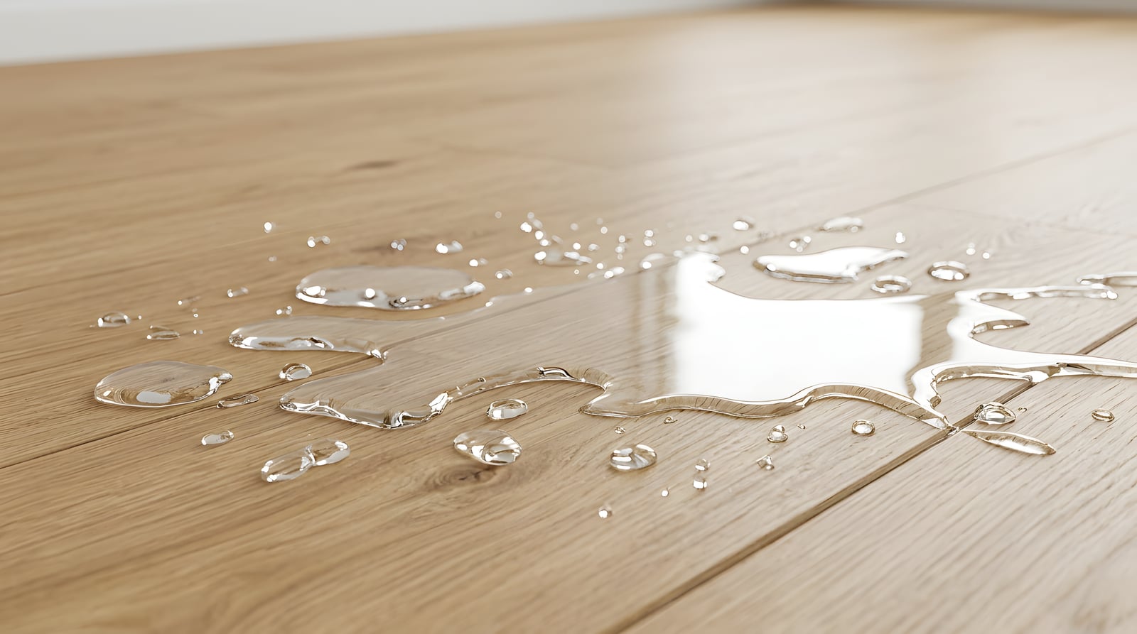 Water beading on waterproof SPC vinyl planks beside the kitchen sink