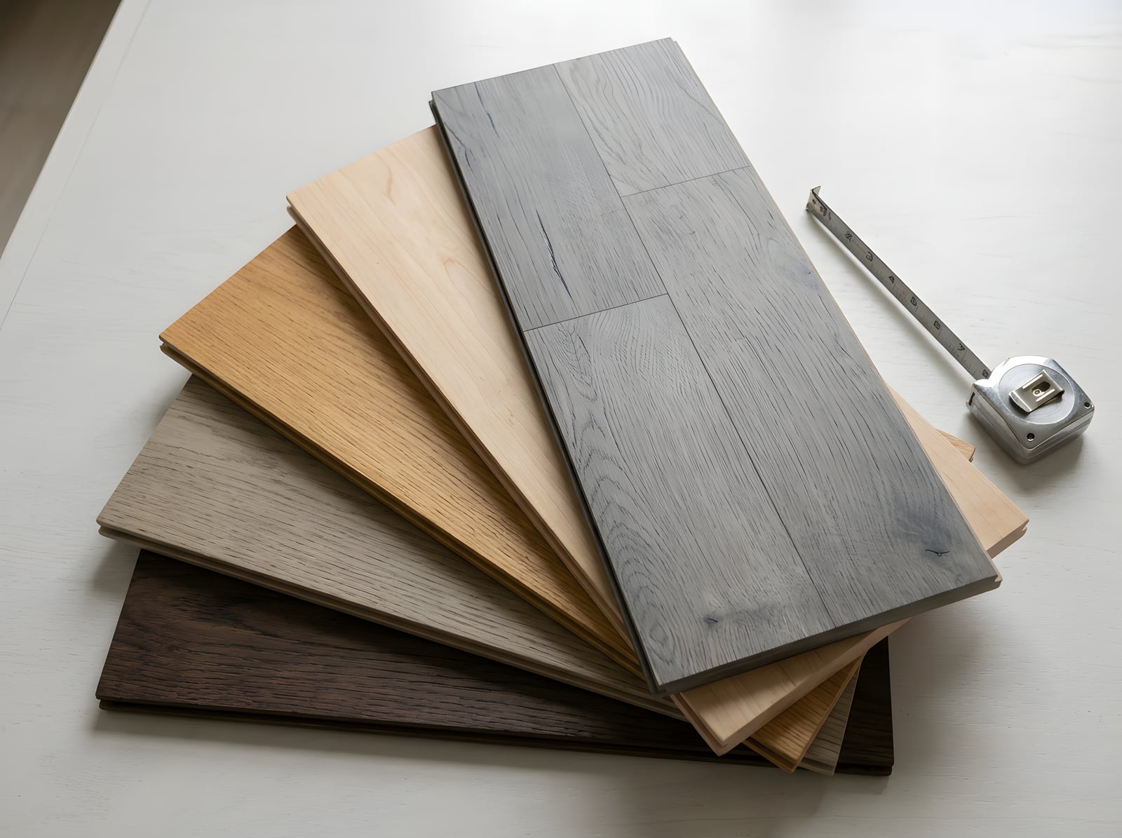 Sample boards fanned on the table beside a tape measure