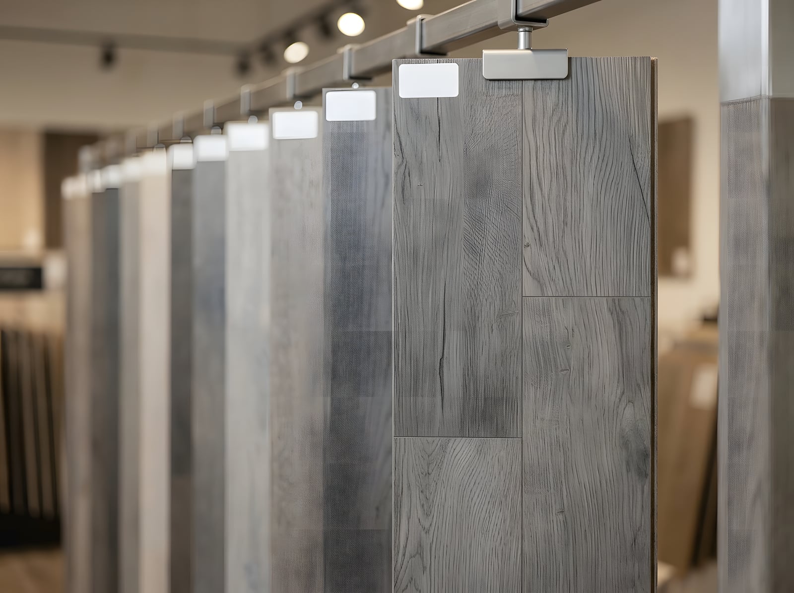 Sample boards on the display rail — grey oak in crisp focus