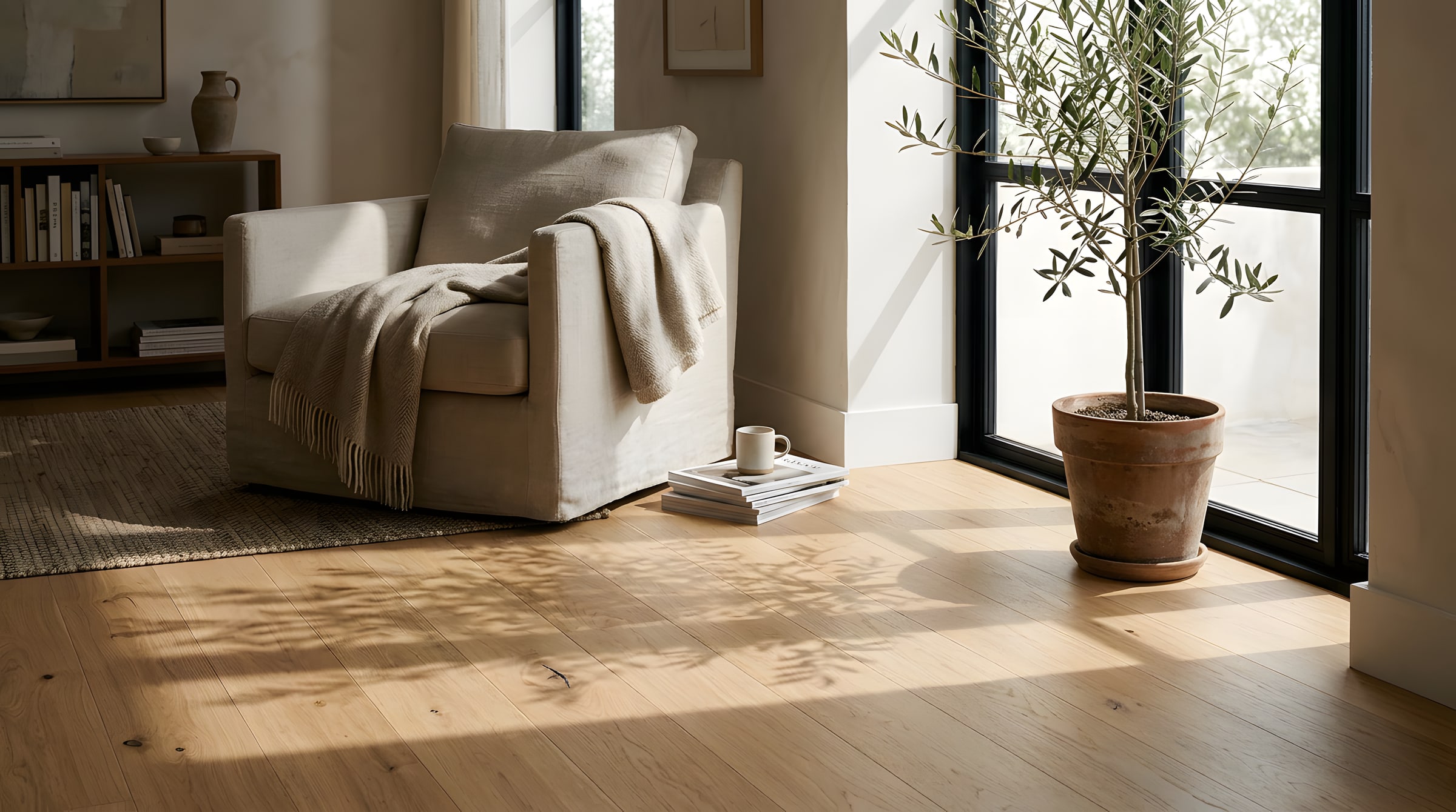 Sunlit reading corner — linen armchair and olive tree on light oak flooring